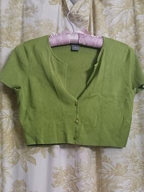 Ann Taylor Lime Green SILK Cropped Short Sleeve Cardigan